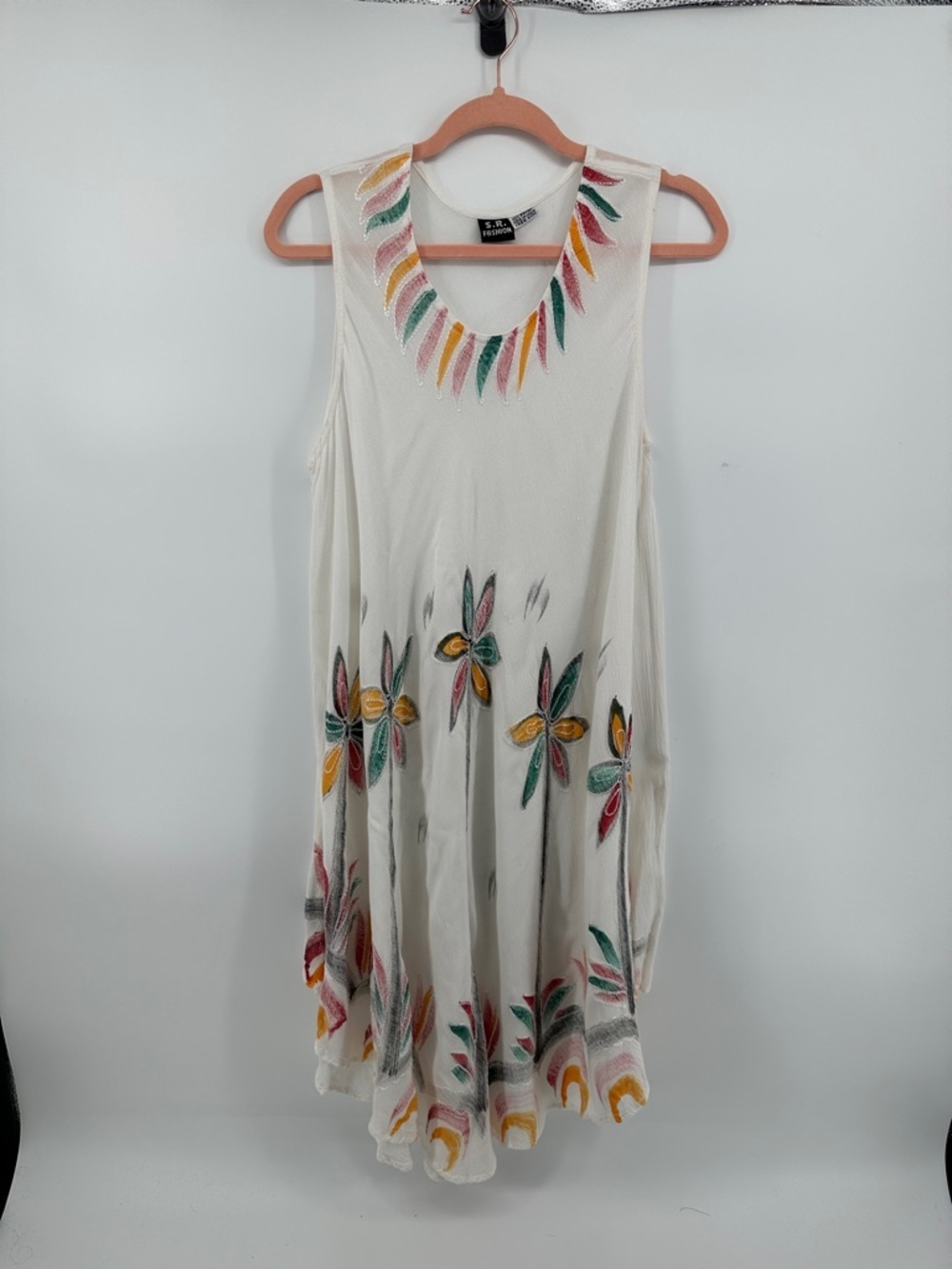 S.R.Fashion Boho Festival ResortWear Vaca White Floral Embroidered Dress SzFS